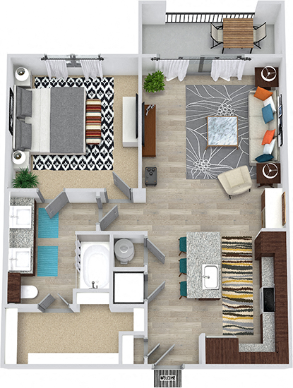 Floor plan for 1 bed, 1 bath, 817 sqft